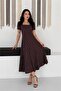 Women's Brown Polka Dot Pattern Short Sleeve Square Neck Midi Length Dress --- Nbk081 - 2