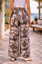 Women's Brown High Waist Elastic Wide Leg Viscose Leaf Patterned Pocketed Trousers - 5