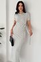 Women's Polka Dot Draped Long Dress – Lycra Midi Maxi Dress with Slit Detail - 3