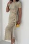 Women's Polka Dot Draped Long Dress – Lycra Midi Maxi Dress with Slit Detail - 4