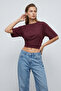 Women's Burgundy Waist-Hugging Basic Wide Sleeve Crop Blouse