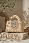 Emerald Stone Embellished Authentic Tassel Shoulder Strap Handle Metal Caged Lined Knitted Straw Bag - 4