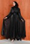 Black Shoulder Detailed Draped Evening Dress
