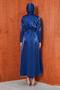 Navy Blue Waist Elastic Satin Belted Evening Dress - 5