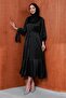 Black Stone Detailed Skirt Flounce Satin Dress