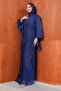 Navy Blue Front Gathered Chiffon Evening Dress