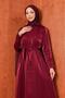 Burgundy Elastic Waist Satin Belted Evening Dress - 2