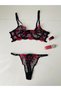 Women's Black Pink Floral Embroidery Embroidered Underwire Bralet Bottom Top Bra Set - 2