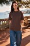 Women's Crew Neck Cotton Oversize Relaxed Short Sleeve T-Shirt Brown - 2
