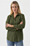 Women's Khaki Basic Oversize Linen Pocket Long Sleeve School Plus Size Shirt - 2