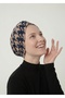 Angora Wool Lined Houndstooth Patterned Navy Blue-beige Ready-made Headscarf Hijab Bonnet Women's Beret - 4