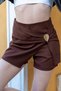Women's Brown High Waist Double-Breasted Gold Buckle Detail Mini Skirt with Shorts - 5