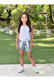 Girl's Stone Jeans Shorts and White Bluz with Straps (One Size Larger Can Be Chosen) - 5