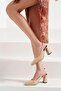 Women's Beige Blunt Toe Thick Heeled Ankle Strap Open Back Heeled Patent Leather Shoes 9cm Byn