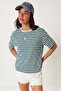 Striped Oversize Viscose T-Shirt Lrn0041 Green White - 3