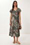 Patterned Draped Summer Viscose Dress Lrn0040 Khaki Brown
