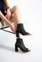 Serina Women's Genuine Leather Detailed Back Zipper Thick Heeled Black Mesh Boots - 5