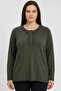 Women's Khaki Ruffle Detailed Buttoned Combed Cotton Blouse