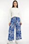 Women's Blue and White Abstract Patterned Atlas Wide Leg Pants - 3