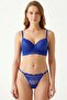 Women's Cobalt Blue Stone Embroidered Lace Unpadded Bralette Set