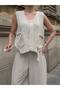 Women's Beige Strappy Shirt with Rope Detail on the Sides, 100% Linen Set - 3