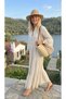 Women's Beige Button Detailed Lapel Collar Tasseled Long Linen Dress - 3