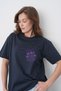 Women's Love One Another Written Purple Flower Bunch Printed Round Neck Navy Blue T-Shirt - 2