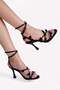 Women's Satin Heeled Shoes with Leaf Detail, Ankle Strap, Thin Straps, Leifa Black - 4