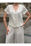 Women's Beige Short Sleeve Beaded Buttoned Shirt and Elastic Waist Wide Leg Pants 2-Piece Linen Set - 6