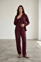 Burgundy Textured Ribbed Soft Tuşe Winter Knitted Pajama Set - 3