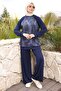 Navy Blue Front Batik Patterned Raglan Sleeve Tunic with Trousers Modal Set