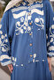 Blue Half Buttoned Viscose Dress with Elastic Sleeves - 3