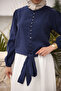 Navy Blue Shirt with Elastic Sleeves and Tie at the Waist - 3