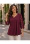 Women's V-Neck Three-Quarter Sleeve Lace Tulle Detailed Comfortable Fit Stylish Burgundy Blouse - 4