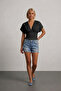 Butha Slim Fit Waist-Slimming Front and Back V-Neck Low Sleeve Women's Blouse & Top & Tshirt - Black - 5