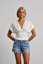 Butha Slim Fit Waist-Fitted Front and Back V-Neck Low Sleeve Women's Blouse & Top & Tshirt - Ecru