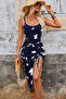 New Season Women's Rope Strap Round Neck Patterned Side Gathered Midi Single Jersey Dress - 3