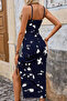 New Season Women's Rope Strap Round Neck Patterned Side Gathered Midi Single Jersey Dress - 6