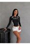 Women's black rock print long sleeve slim fit crop top - 3