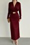 Women's Burgundy Padded Look Belted Draped Long Dress - 2