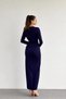 Women's Navy Blue Padded Look Belted Draped Long Dress - 4