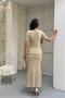 Women's Beige Glitter Lined Short Sleeve Summer Fabric Long Elegant Knitwear Dress (S/M) - 6