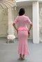 Women's Pink Flywheel Detailed V-Neck Blouse Midi Skirt Bottom Top Double Summer Fabric Knitwear Set (Size S) - 7