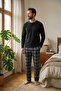 Men's 100% Cotton Ghost Pajama Set Long Sleeve Buttoned Collar Combed Cotton Top with Plaid Pants Home Wear Set - 4