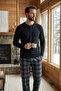 Men's 100% Cotton Ghost Pajama Set Long Sleeve Buttoned Collar Combed Cotton Top with Plaid Pants Home Wear Set - 3