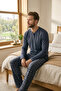 Men's 100% Cotton Ghost Pajama Set Long Sleeve Buttoned Collar Combed Cotton Top with Plaid Pants Home Wear Set - 2