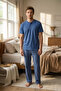 Men's 100% Cotton Ghost Pajama Set Short Sleeve Buttoned Collar T-Shirt with Plaid Pants Summer Home Wear Set - 3