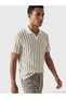 Beige Polo Collar Striped Men's Knitwear T-Shirt