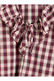 Burgundy V-Neck Flounced Plaid Blouse