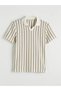 Beige Polo Collar Striped Men's Knitwear T-Shirt - 5